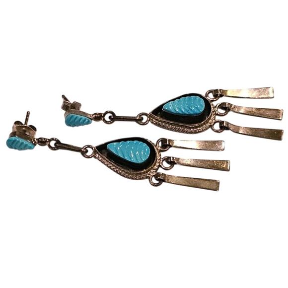 Vintage Zuni Sterling Silver Turquoise Dangle Drop Earrings - Picture 2 of 4